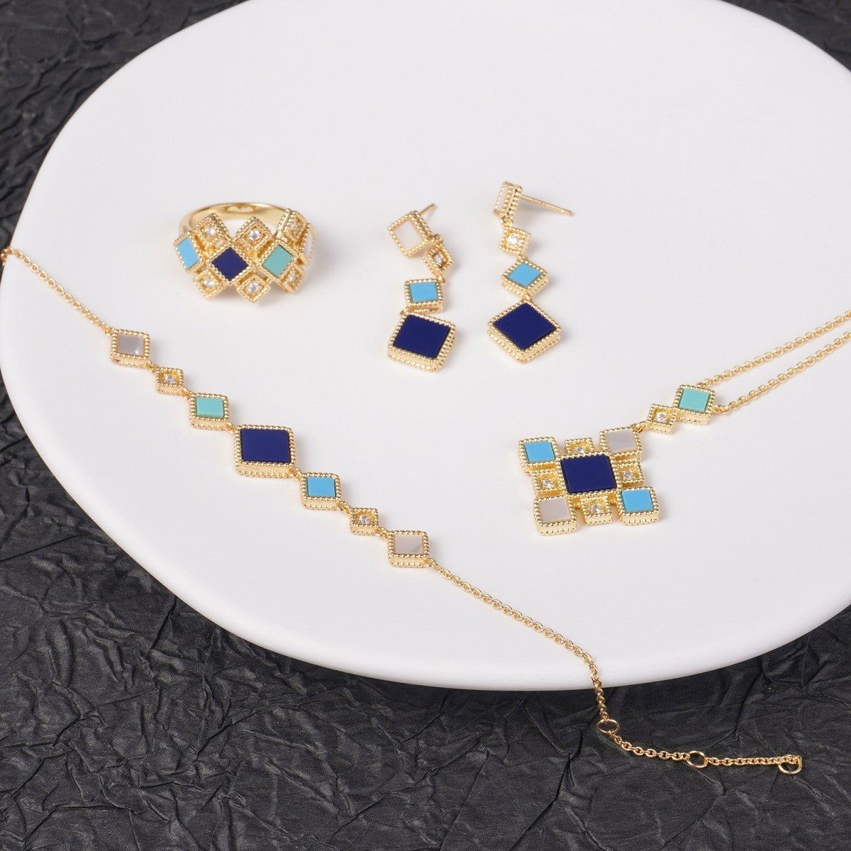 Luxury Islamic Accessories Geometric Gemstone Jewelry 4 - Piece Set – Necklace, Ring, Earrings & Bracelet(MAC253) - Mariam's Collection