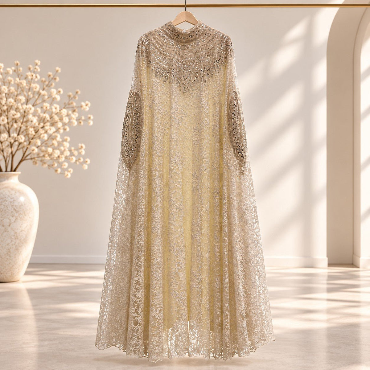 Luxury Lace Abaya Top Set – Crochet Overlay Occasion Dress