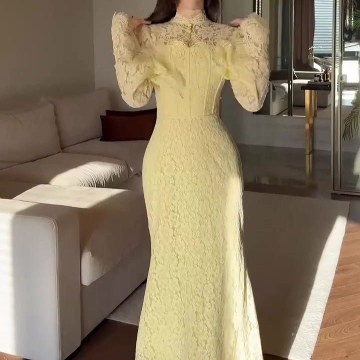 Bell sleeve lace party dress in blush pink — three-quarter view