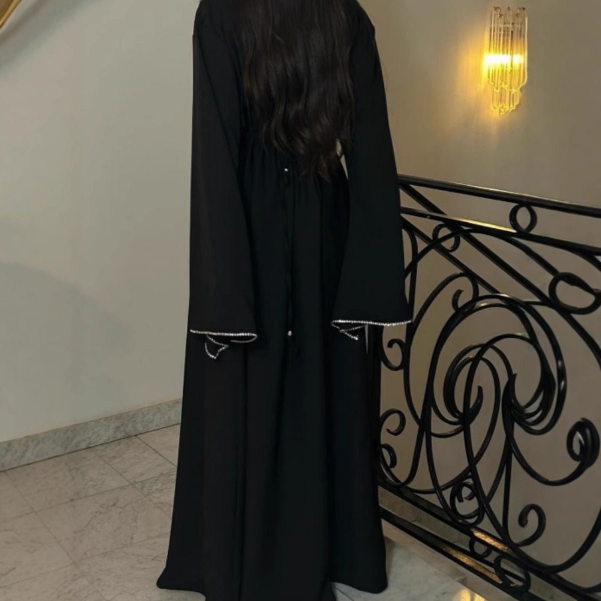 Luxury Loose Cuff Chain Abaya Dress - Modest Long Sleeve Elegant Robe with Silver Detailing(MA278) - Mariam's Collection