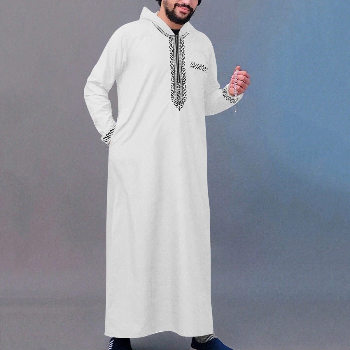 Luxury Loose Fit Hooded Premium Embroidered Men's Thobe Robe with Zipper & Islamic Calligraphy Design. (MT024) - Mariam's Collection