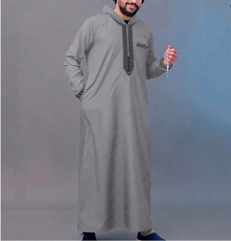 Luxury Loose Fit Hooded Premium Embroidered Men's Thobe Robe with Zipper & Islamic Calligraphy Design. (MT024) - Mariam's Collection