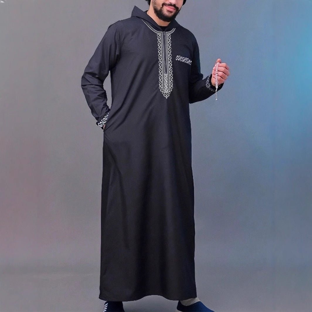 Luxury Loose Fit Hooded Premium Embroidered Men's Thobe Robe with Zipper & Islamic Calligraphy Design. (MT024) - Mariam's Collection