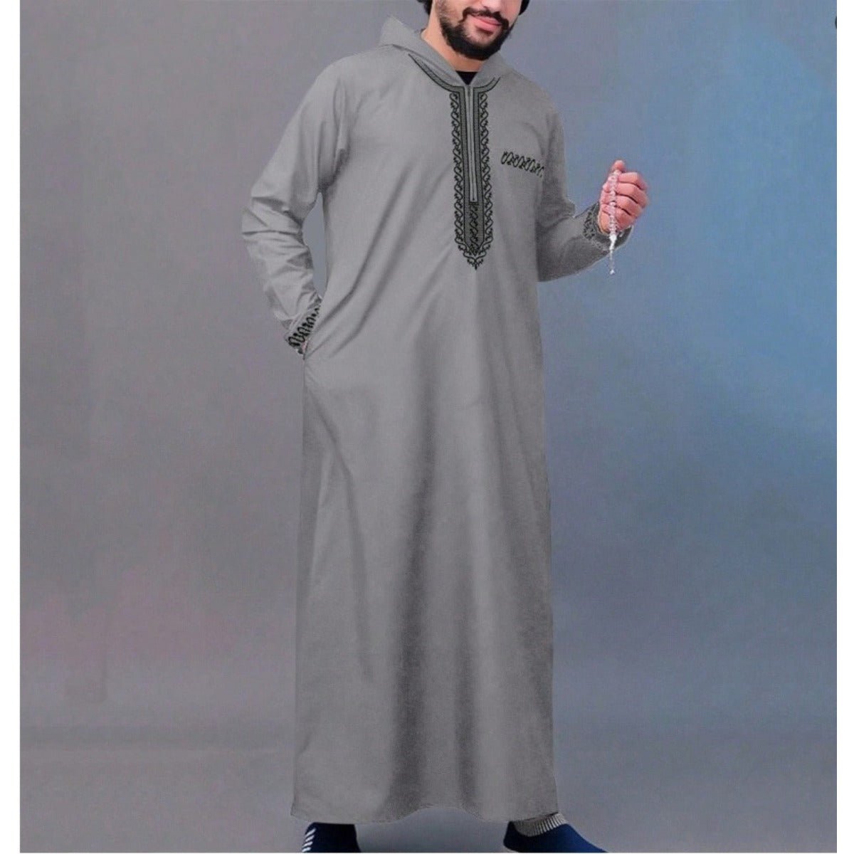 Luxury Loose Fit Hooded Premium Embroidered Men's Thobe Robe with Zipper & Islamic Calligraphy Design. (MT024) - Mariam's Collection