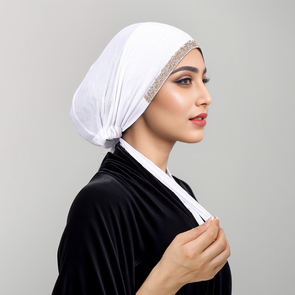 Luxury Modal Cotton Hijab Cap Crystal - Embellished Elastic Lace - Up Undercap with Breathable Design. (MH115) - Mariam's Collection