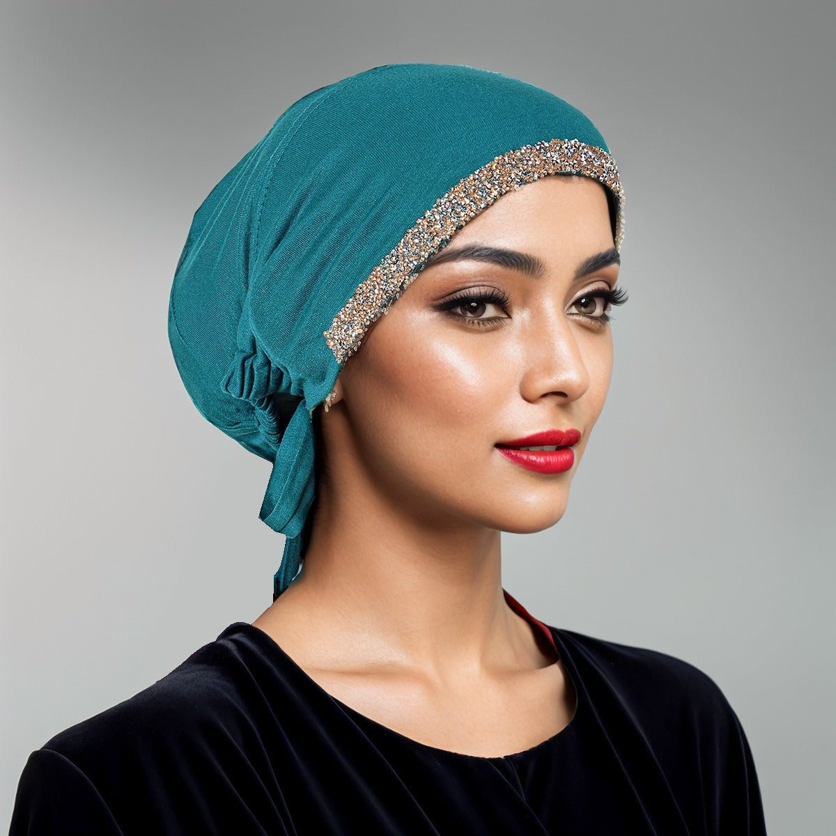 Luxury Modal Cotton Hijab Cap Crystal - Embellished Elastic Lace - Up Undercap with Breathable Design. (MH115) - Mariam's Collection