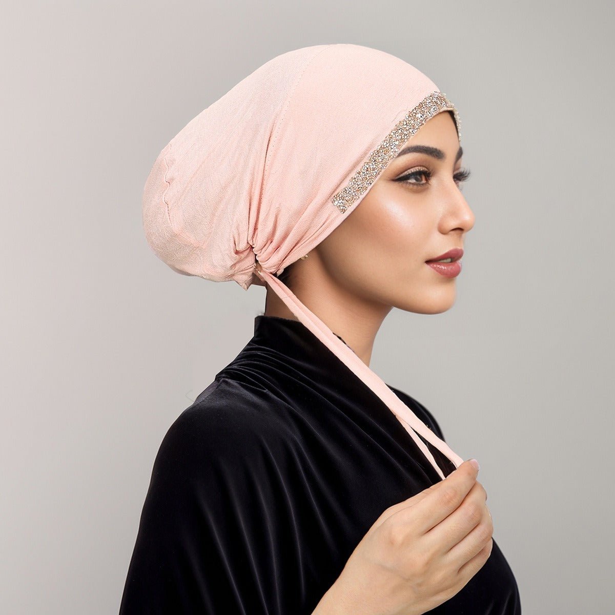 Luxury Modal Cotton Hijab Cap Crystal - Embellished Elastic Lace - Up Undercap with Breathable Design. (MH115) - Mariam's Collection