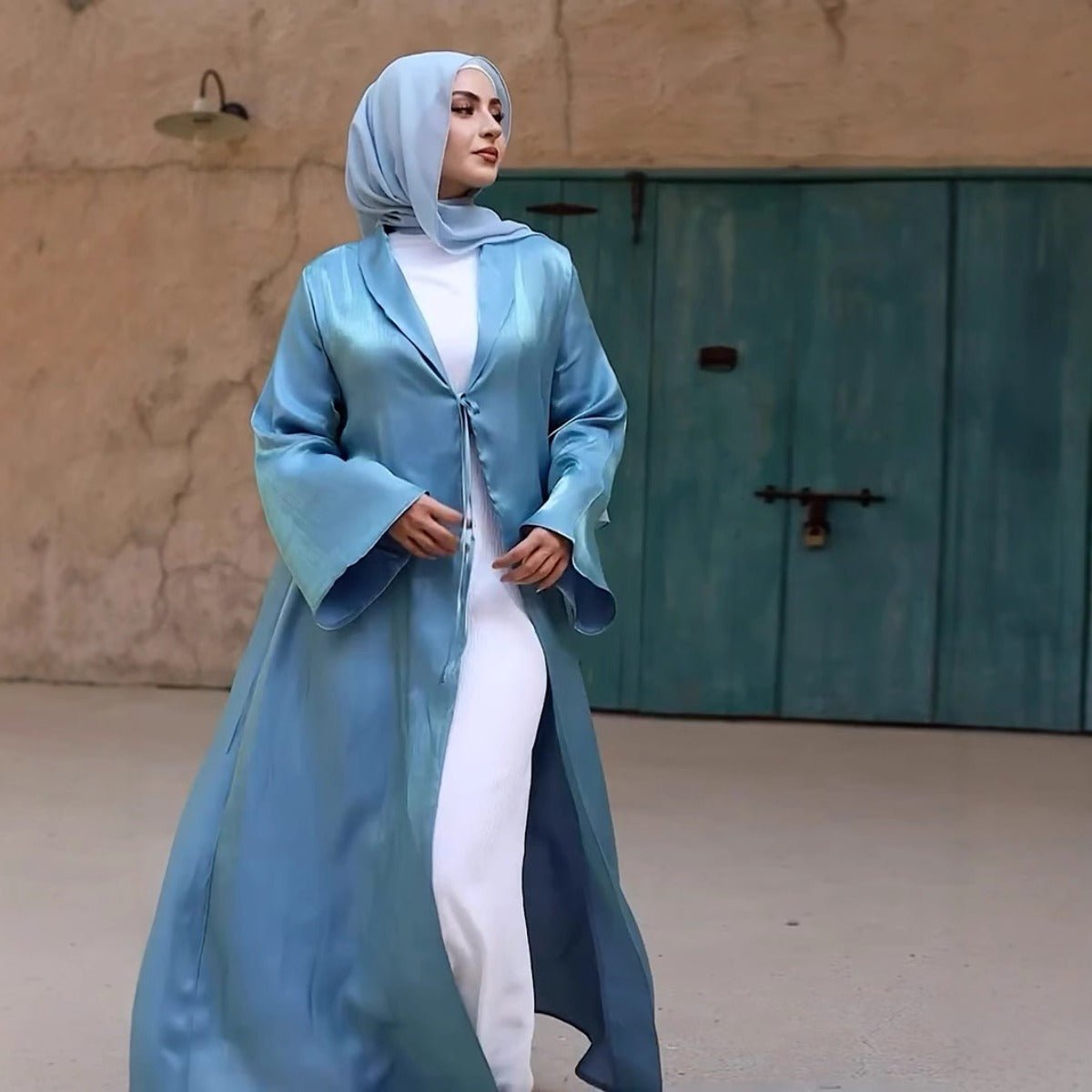 Desert Mirage Cardigan Abaya | Blue-Green Ombre Silk Abaya with Bell Sleeves