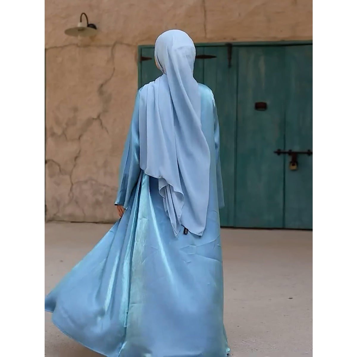 Luxury Modest Desert Mirage Cardigan Abaya | Blue - Green Long Robe with Bell Sleeves(MOA204) - Mariam's Collection