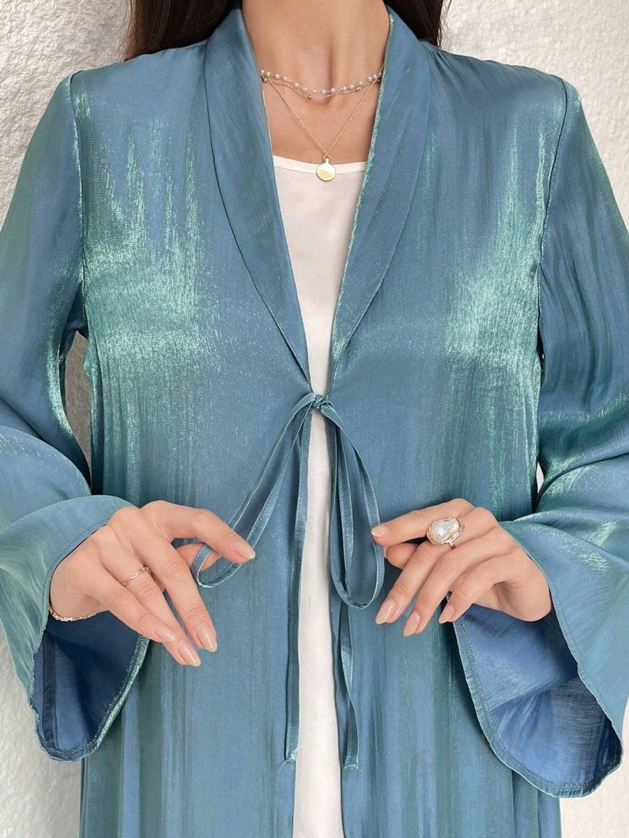 Luxury Modest Desert Mirage Cardigan Abaya | Blue - Green Long Robe with Bell Sleeves(MOA204) - Mariam's Collection