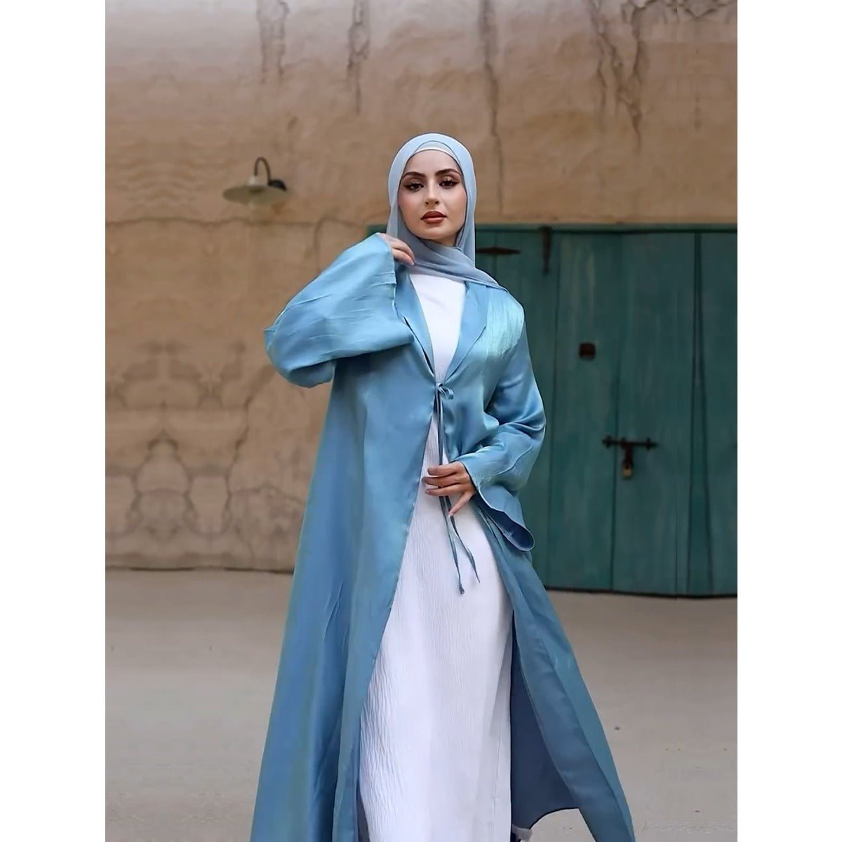 Luxury Modest Desert Mirage Cardigan Abaya | Blue - Green Long Robe with Bell Sleeves(MOA204) - Mariam's Collection