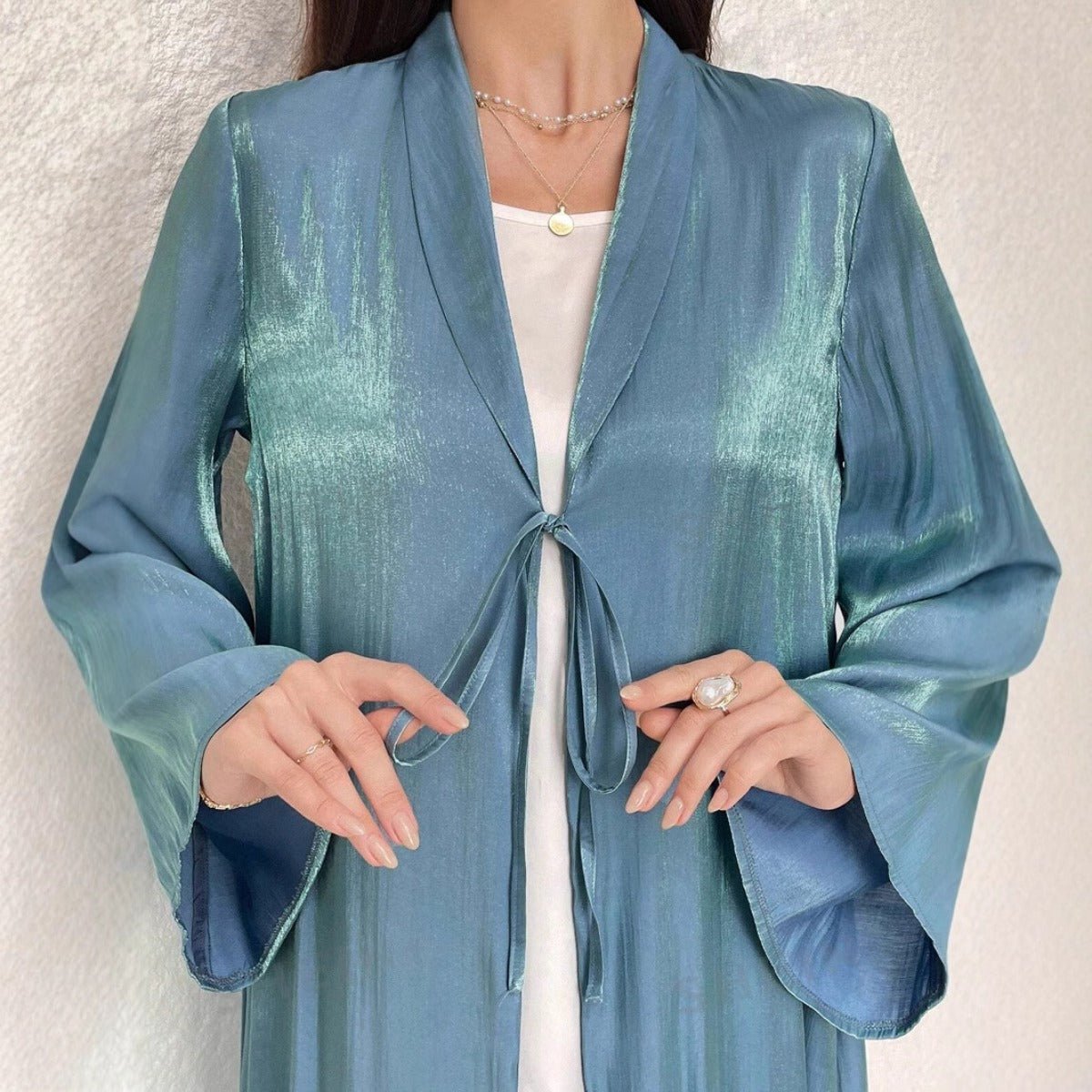 Luxury Modest Desert Mirage Cardigan Abaya | Blue - Green Long Robe with Bell Sleeves(MOA204) - Mariam's Collection