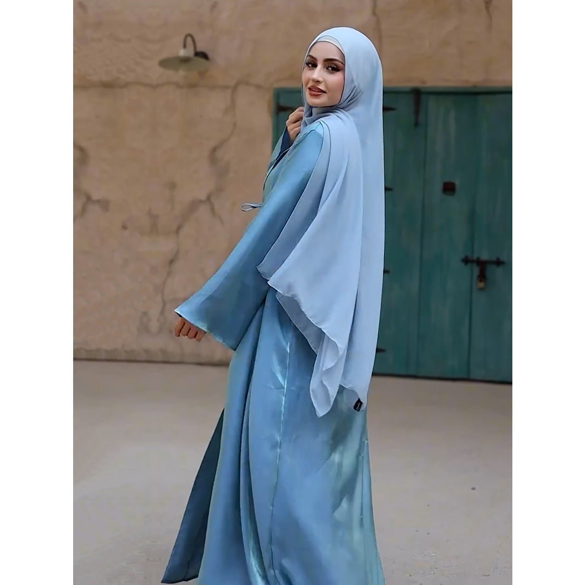 Luxury Modest Desert Mirage Cardigan Abaya | Blue - Green Long Robe with Bell Sleeves(MOA204) - Mariam's Collection