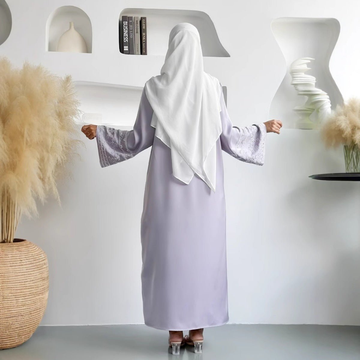 Luxury Muslim Evening Wear Beaded Abaya Collection | Lavender & Pink Embroidered Robe with Pearl Detailing. (MOA192) - Mariam's Collection