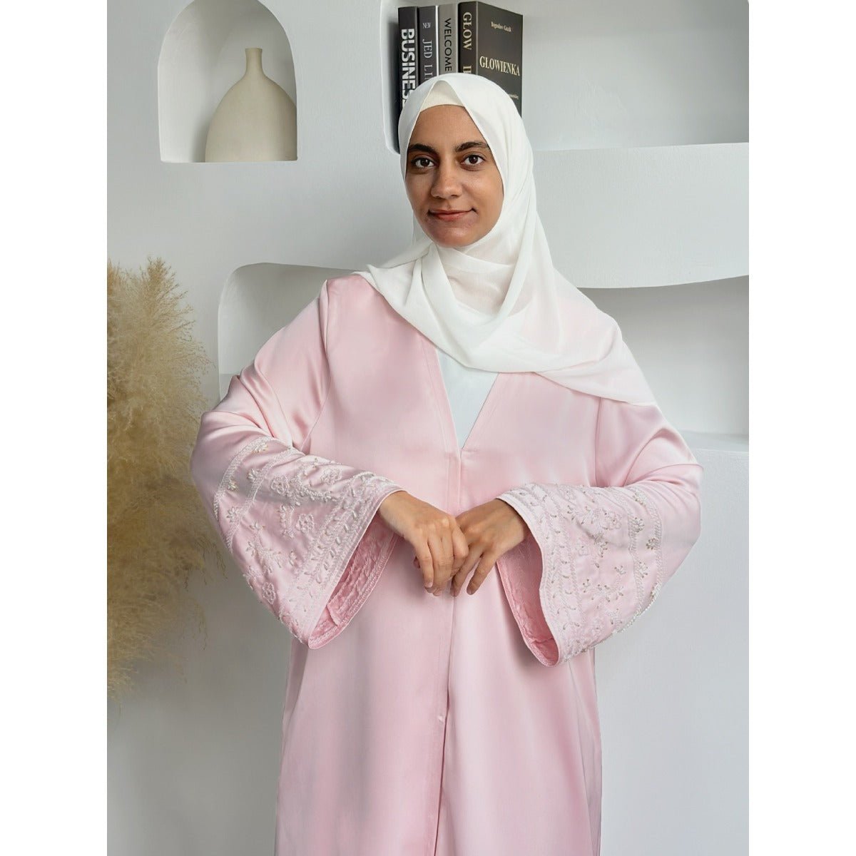 Luxury Muslim Evening Wear Beaded Abaya Collection | Lavender & Pink Embroidered Robe with Pearl Detailing. (MOA192) - Mariam's Collection