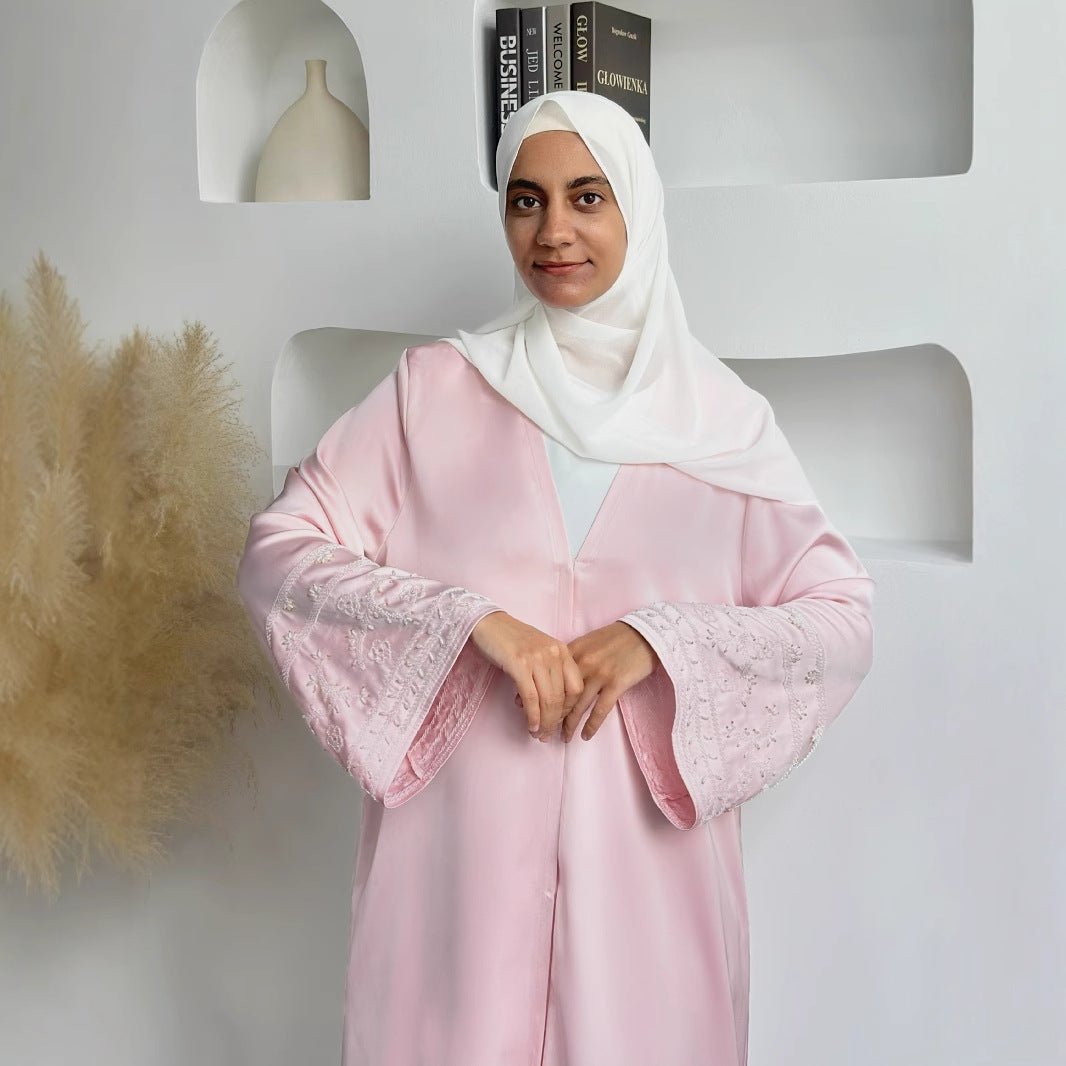 Luxury Muslim Evening Wear Beaded Abaya Collection | Lavender & Pink Embroidered Robe with Pearl Detailing. (MOA192) - Mariam's Collection