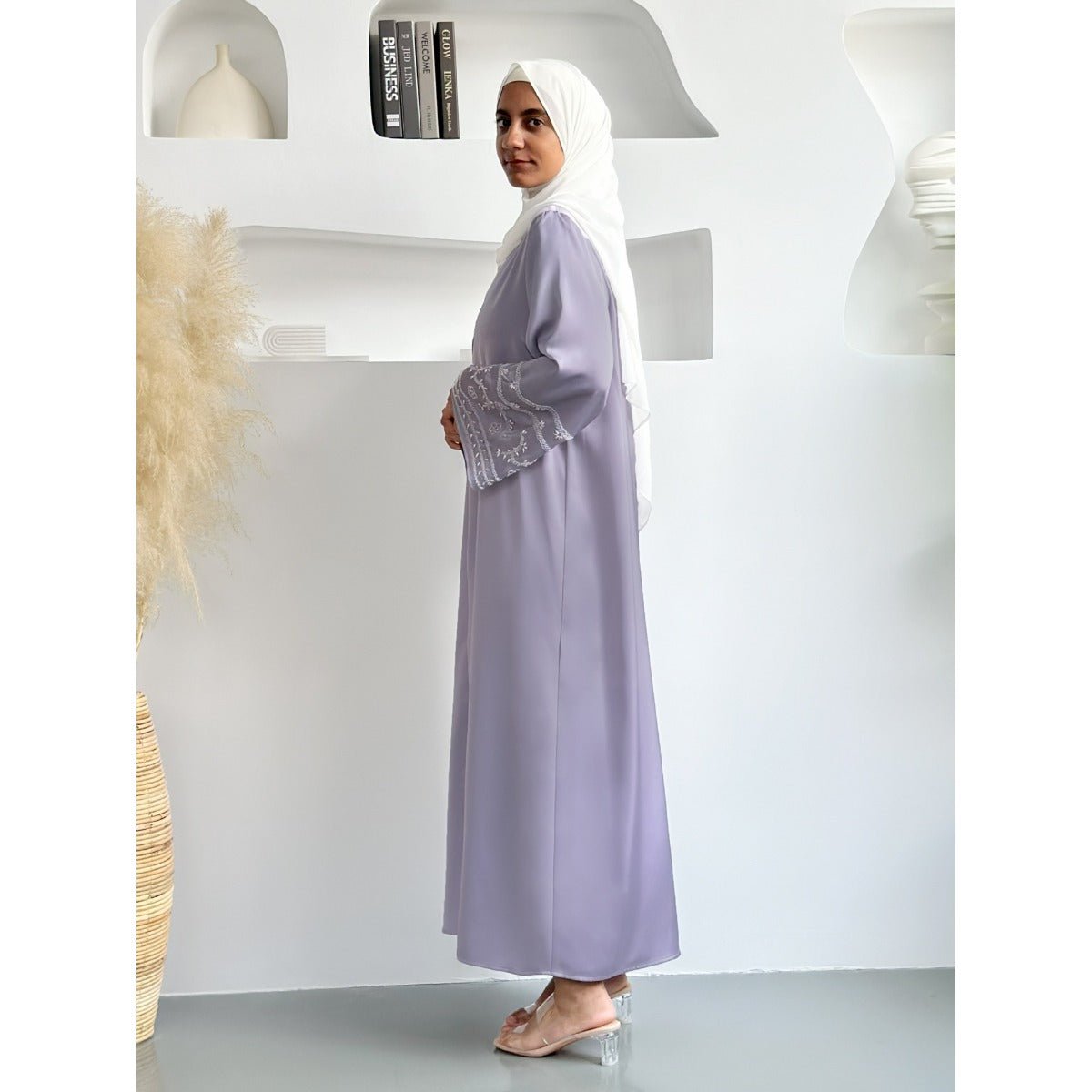 Luxury Muslim Evening Wear Beaded Abaya Collection | Lavender & Pink Embroidered Robe with Pearl Detailing. (MOA192) - Mariam's Collection