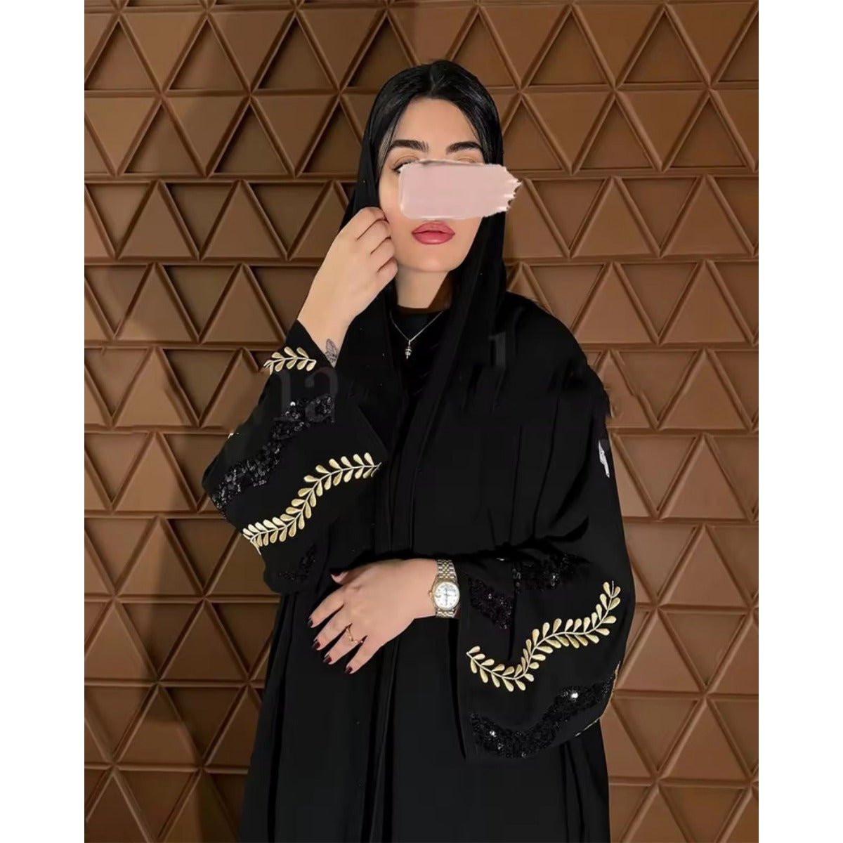 Luxury Muslim Golden Olive Abaya | Black Embroidered & Beaded Robe. (MOA180) - Mariam's Collection