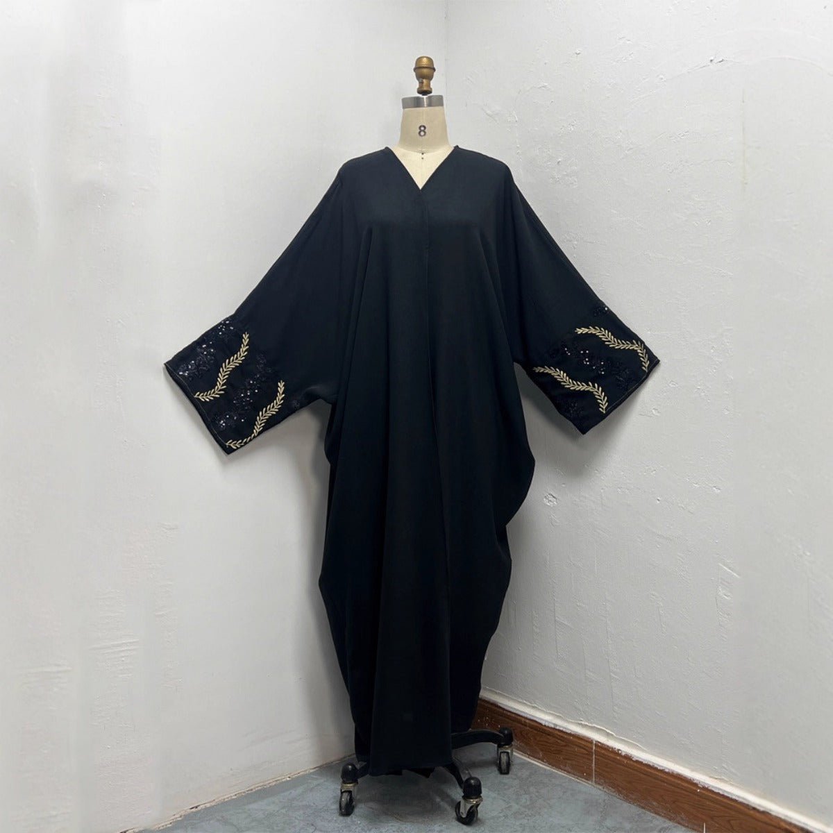 Luxury Muslim Golden Olive Abaya | Black Embroidered & Beaded Robe. (MOA180) - Mariam's Collection