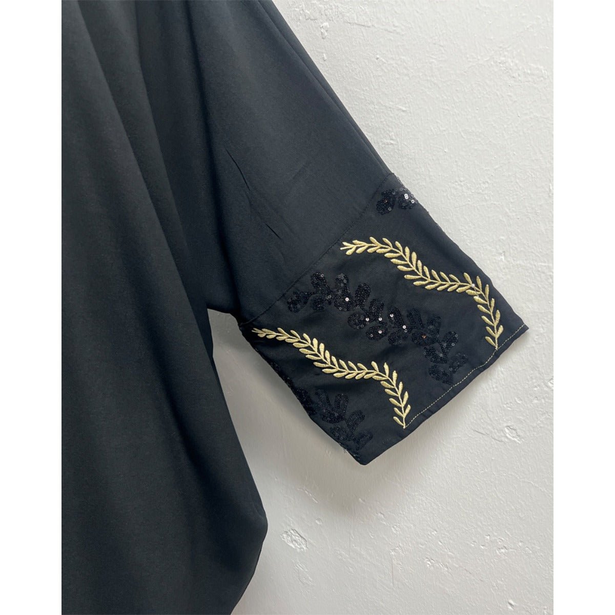 Luxury Muslim Golden Olive Abaya | Black Embroidered & Beaded Robe. (MOA180) - Mariam's Collection