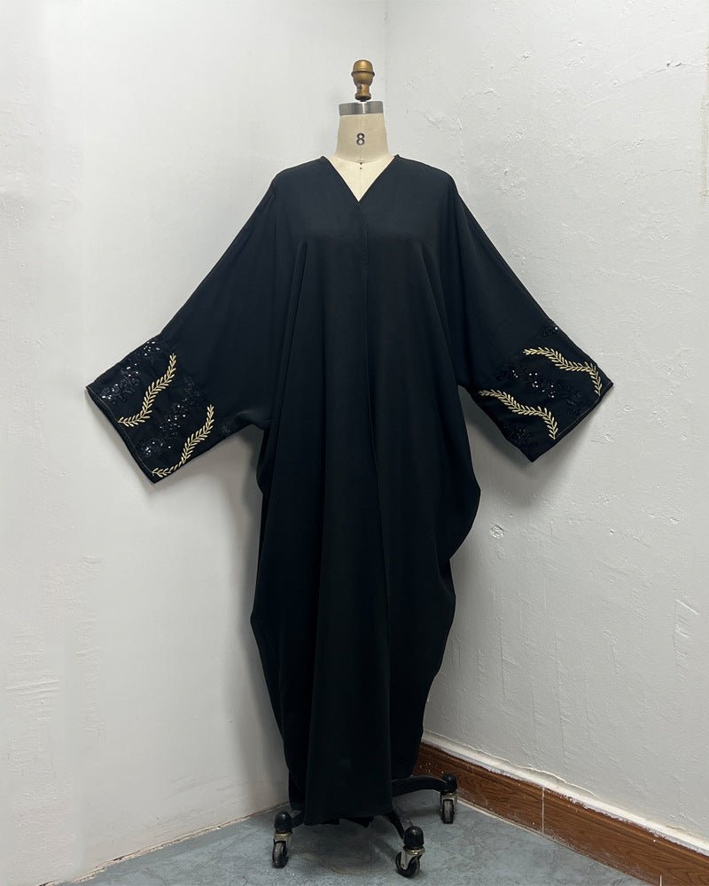 Luxury Muslim Golden Olive Abaya | Black Embroidered & Beaded Robe. (MOA180) - Mariam's Collection