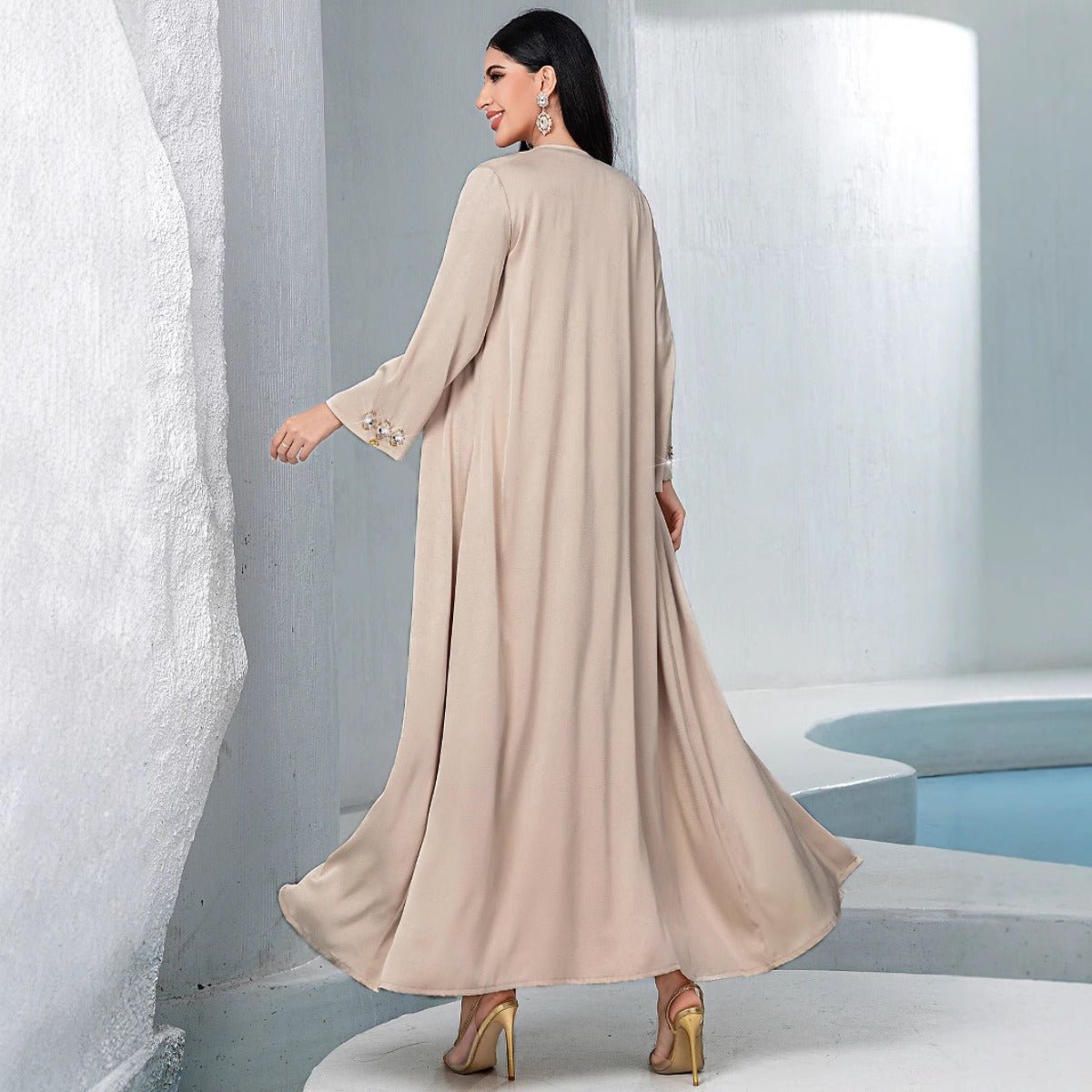 Luxury Muslim Kaftan Set Evening Wear | Beige Hand - Sewn Diamond Two - Piece Dress with Bell Sleeves(MOA202) - Mariam's Collection