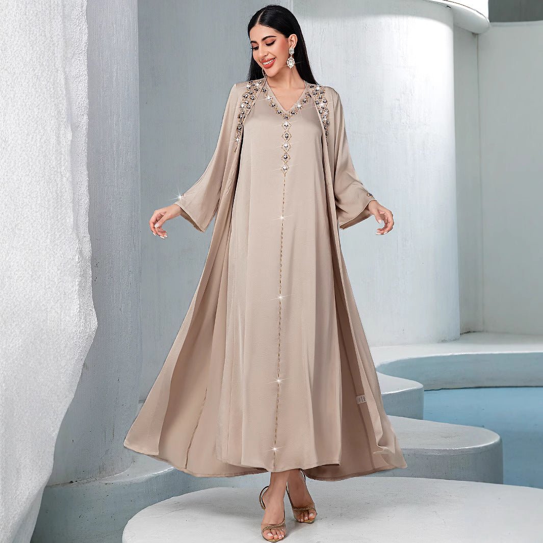 Luxury Muslim Kaftan Set Evening Wear | Beige Hand - Sewn Diamond Two - Piece Dress with Bell Sleeves(MOA202) - Mariam's Collection