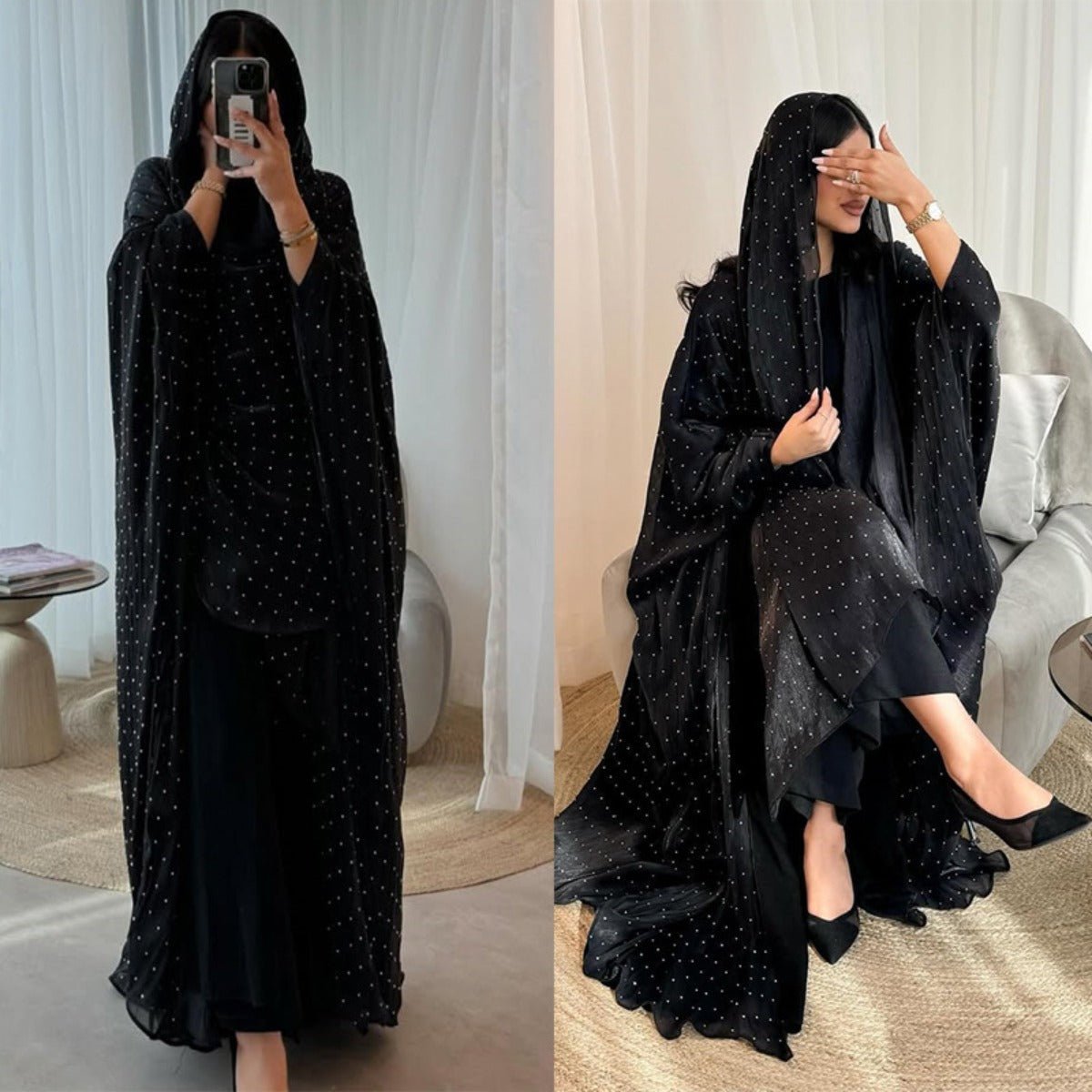 Luxury Muslim Starlight Evening Wear Abaya Set | Midnight Blue Diamond - Embellished Robe Jacket with Matching Hijab(MOA201) - Mariam's Collection