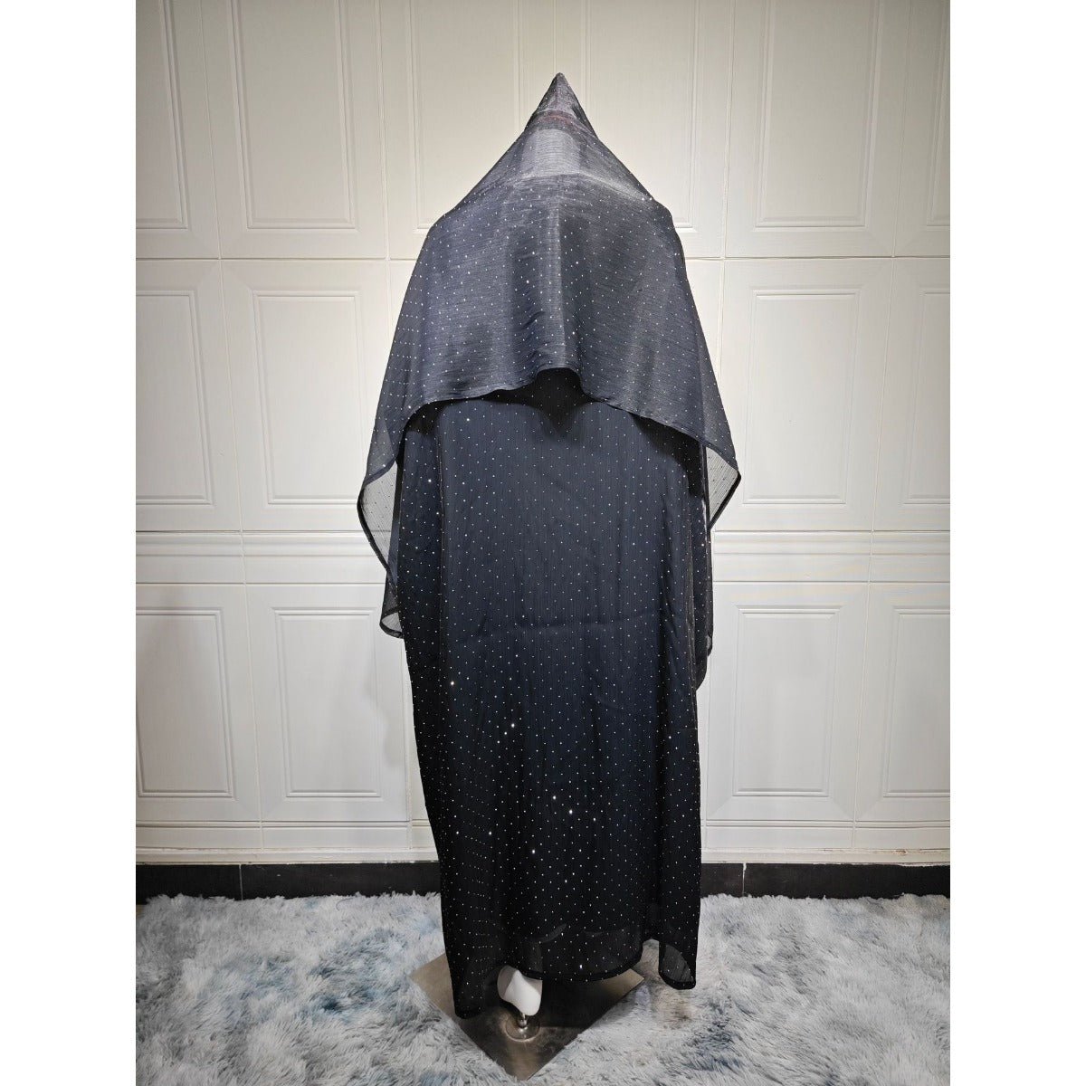 Luxury Muslim Starlight Evening Wear Abaya Set | Midnight Blue Diamond - Embellished Robe Jacket with Matching Hijab(MOA201) - Mariam's Collection