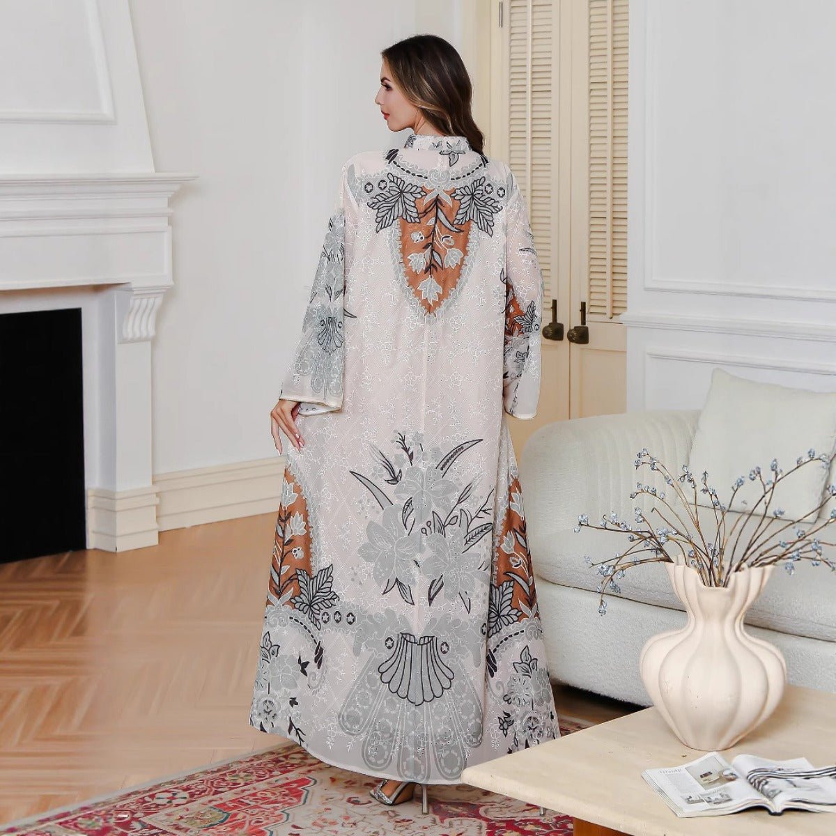 Luxury Muslim Women's Botanical Printer Abaya | Cream White Modest Dress with Leaf & Floral Motifs. (MA259) - Mariam's Collection