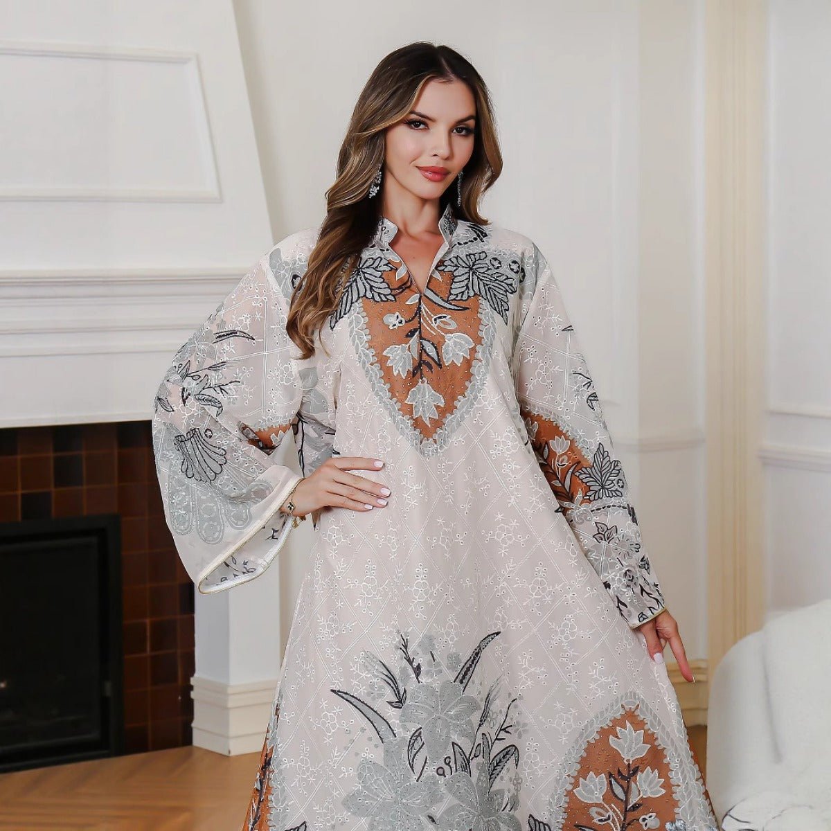 Luxury Muslim Women's Botanical Printer Abaya | Cream White Modest Dress with Leaf & Floral Motifs. (MA259) - Mariam's Collection