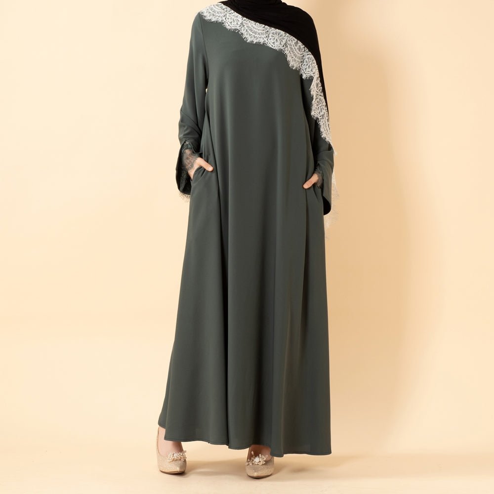 Luxury Nida Umbrella Abaya with Lace Cuffs – Modest Dress (MA456) - Mariam's Collection