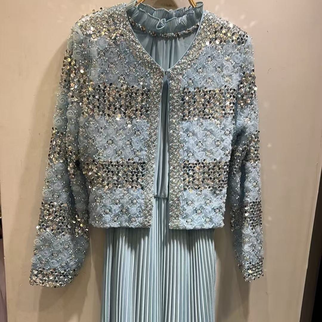 Styling the pearl beaded jacket with heels