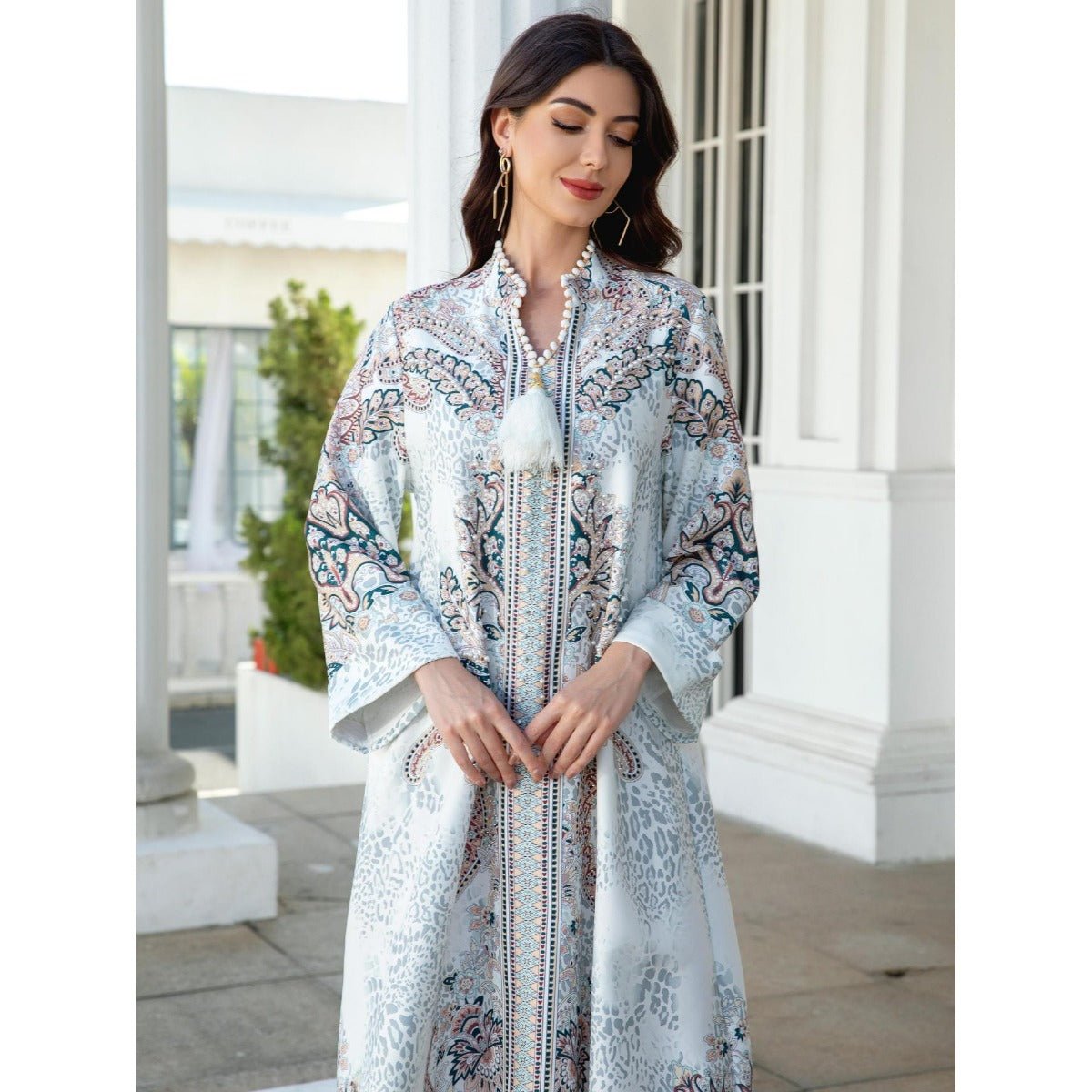 Luxury Pearl - Embellished Floral Beaded Muslim Robe Abaya with Bell Sleeves & Tassel Details. (MA229) - Mariam's Collection