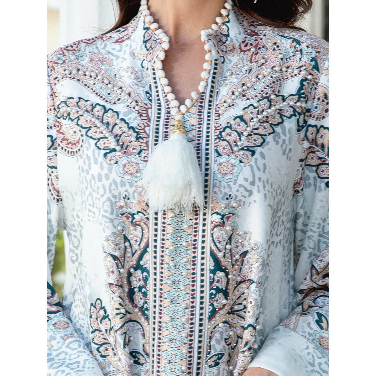 Luxury Pearl - Embellished Floral Beaded Muslim Robe Abaya with Bell Sleeves & Tassel Details. (MA229) - Mariam's Collection