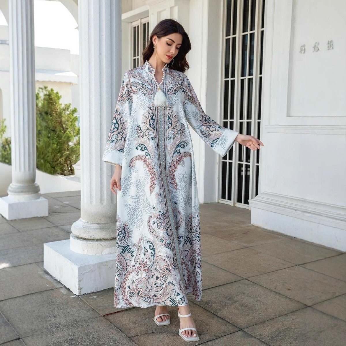 Luxury Pearl - Embellished Floral Beaded Muslim Robe Abaya with Bell Sleeves & Tassel Details. (MA229) - Mariam's Collection