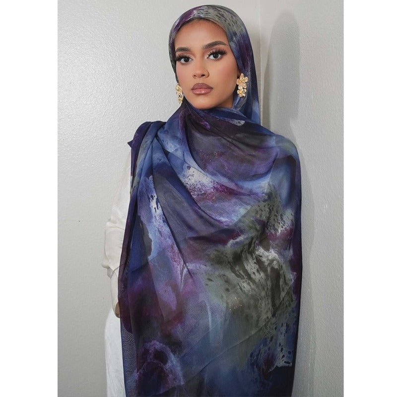 Luxury Premium Silk - Like Printed Hijab Scarf | 180x85cm Large Rectangle Hijab(MH146) - Mariam's Collection