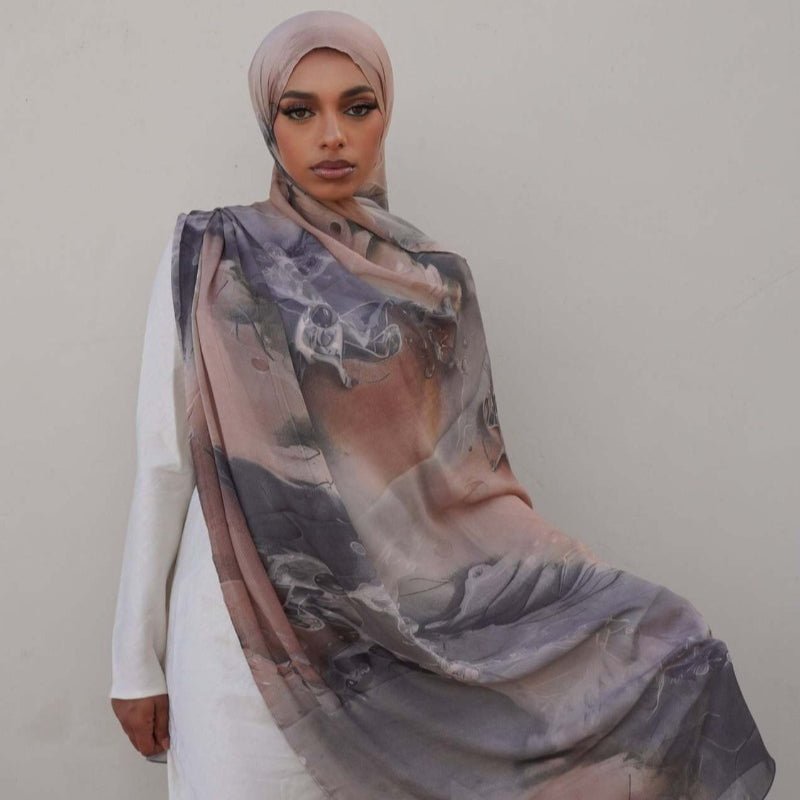 Luxury Premium Silk - Like Printed Hijab Scarf | 180x85cm Large Rectangle Hijab(MH146) - Mariam's Collection