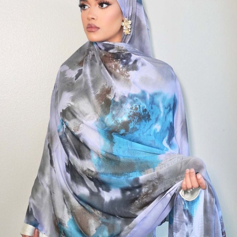 Luxury Premium Silk - Like Printed Hijab Scarf | 180x85cm Large Rectangle Hijab(MH146) - Mariam's Collection