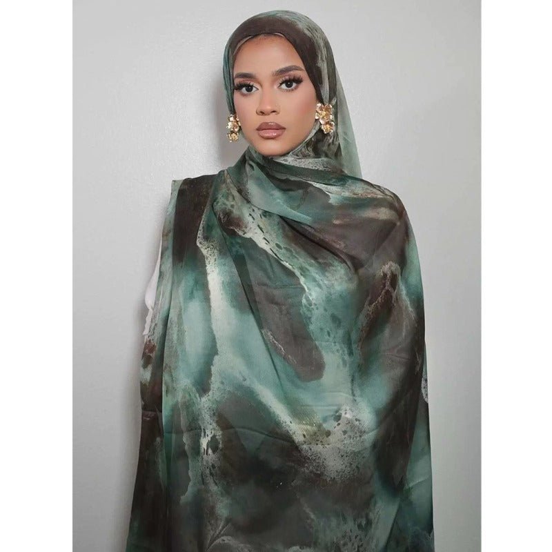 Luxury Premium Silk - Like Printed Hijab Scarf | 180x85cm Large Rectangle Hijab(MH146) - Mariam's Collection