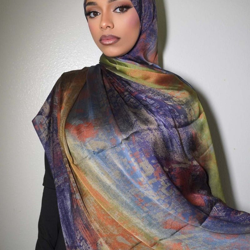 Luxury Premium Silk - Like Printed Hijab Scarf | 180x85cm Large Rectangle Hijab(MH146) - Mariam's Collection