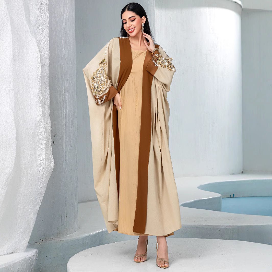 Luxury Rust Bead Muslim Wedding & Party Khaki Gold Embroidered Contrast Jacket Abaya. (MOA158) - Mariam's Collection