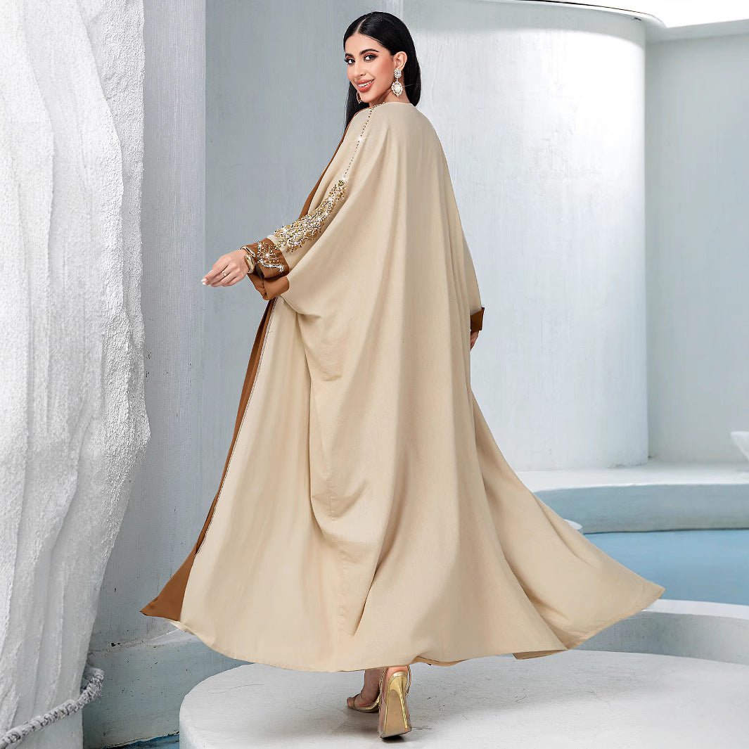 Luxury Rust Bead Muslim Wedding & Party Khaki Gold Embroidered Contrast Jacket Abaya. (MOA158) - Mariam's Collection