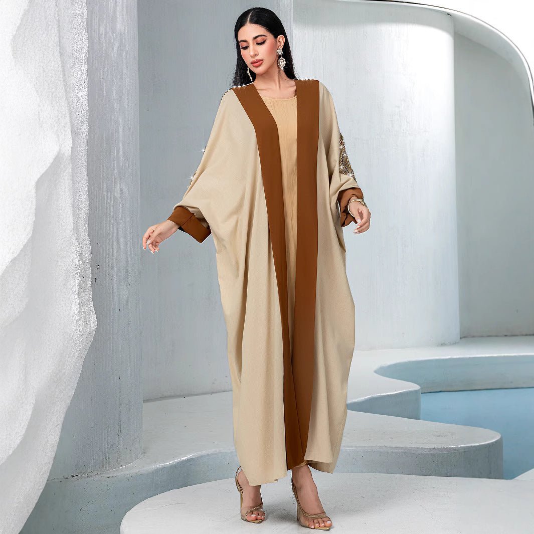 Luxury Rust Bead Muslim Wedding & Party Khaki Gold Embroidered Contrast Jacket Abaya. (MOA158) - Mariam's Collection