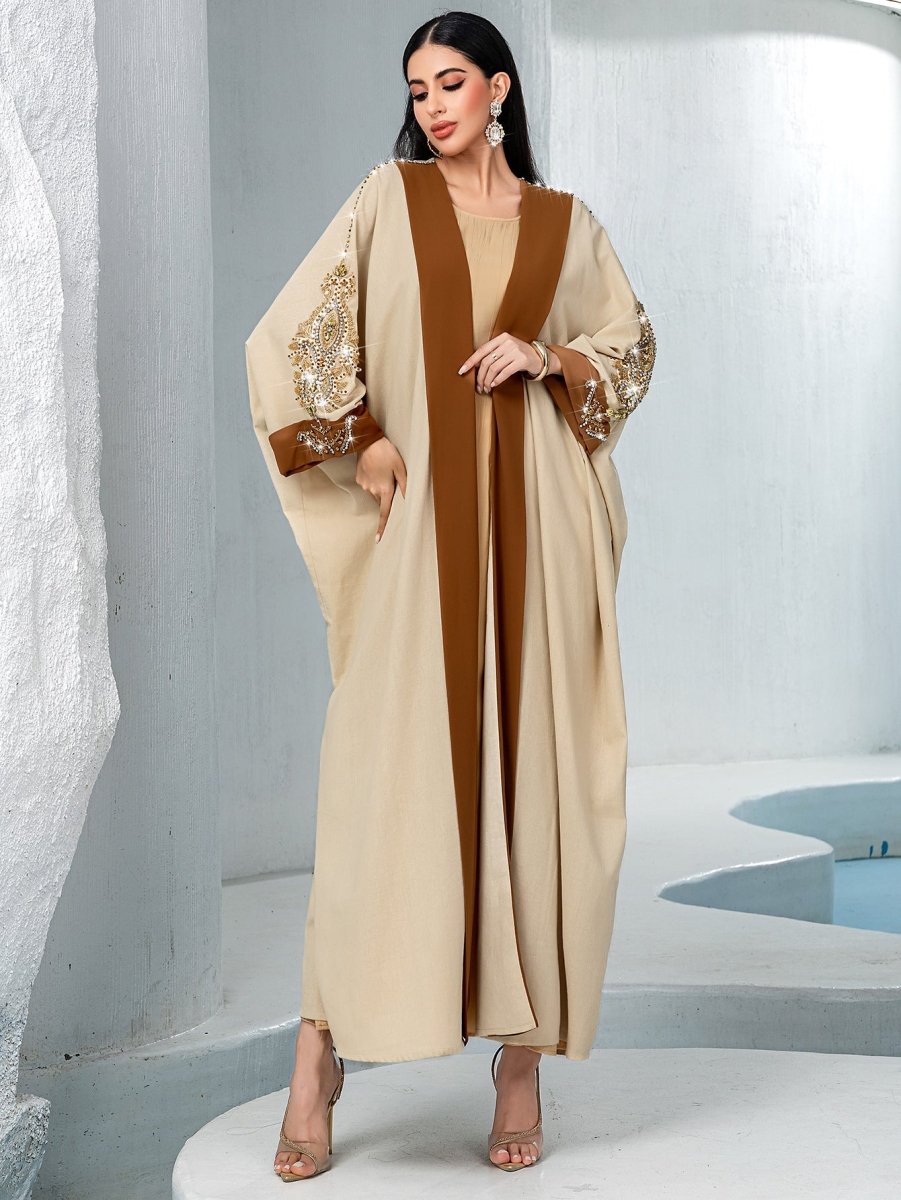 Luxury Rust Bead Muslim Wedding & Party Khaki Gold Embroidered Contrast Jacket Abaya. (MOA158) - Mariam's Collection