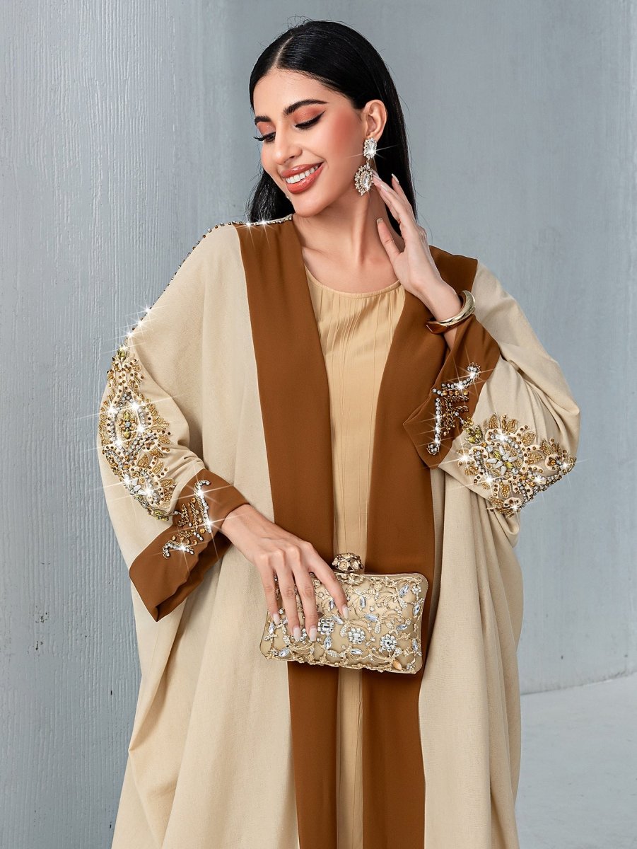 Luxury Rust Bead Muslim Wedding & Party Khaki Gold Embroidered Contrast Jacket Abaya. (MOA158) - Mariam's Collection