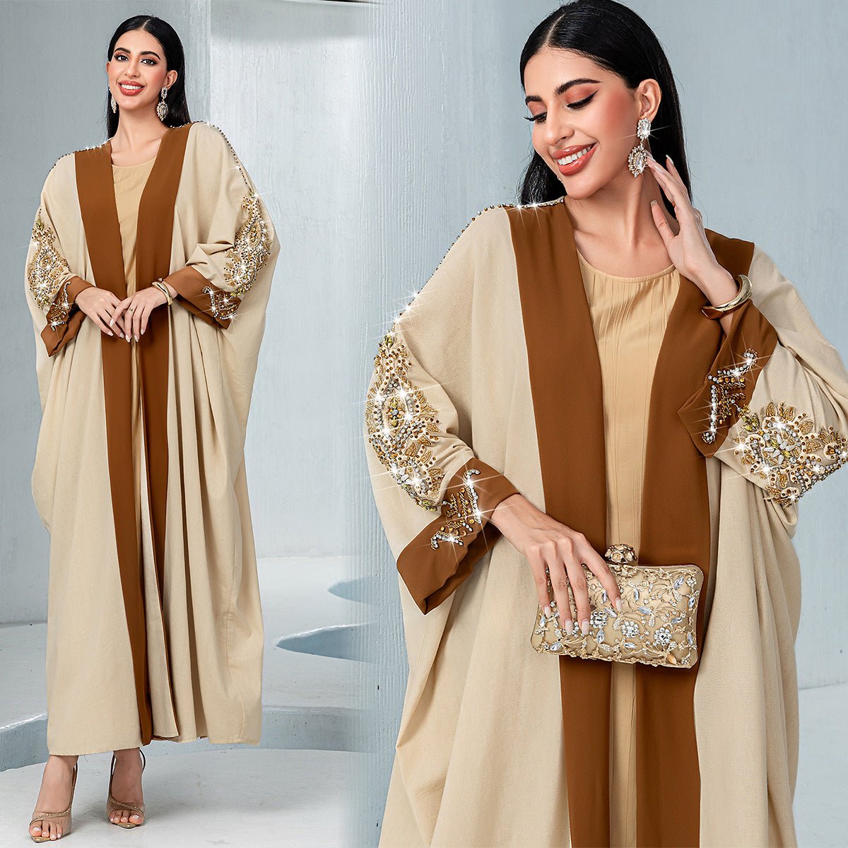 Luxury Rust Bead Muslim Wedding & Party Khaki Gold Embroidered Contrast Jacket Abaya. (MOA158) - Mariam's Collection