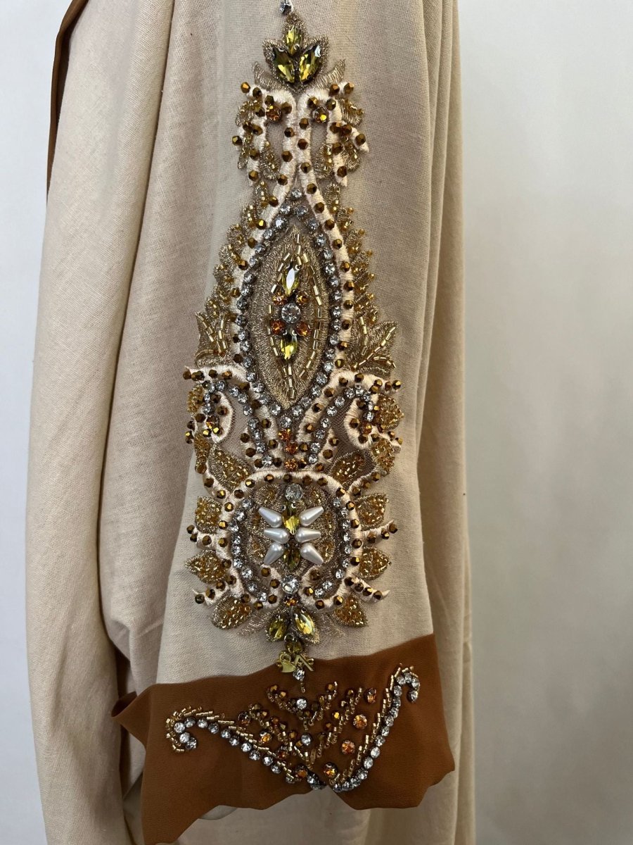 Luxury Rust Bead Muslim Wedding & Party Khaki Gold Embroidered Contrast Jacket Abaya. (MOA158) - Mariam's Collection