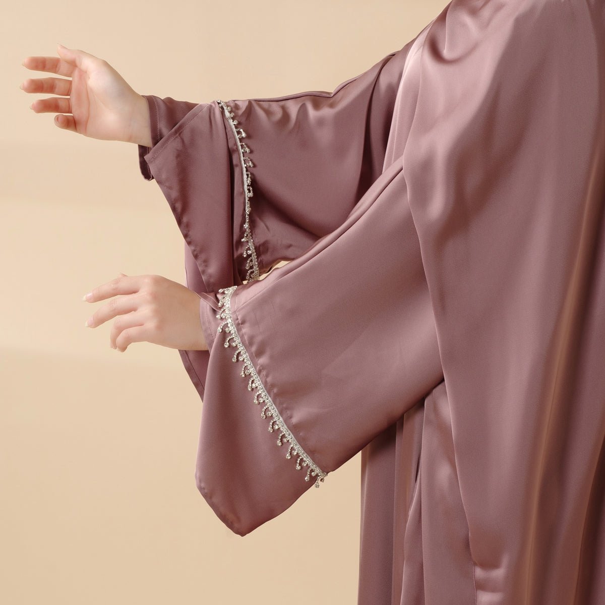 Luxury Satin Abaya With Diamond Tassels Belt, 6 - Piece Set (MOA041) - Mariam's Collection