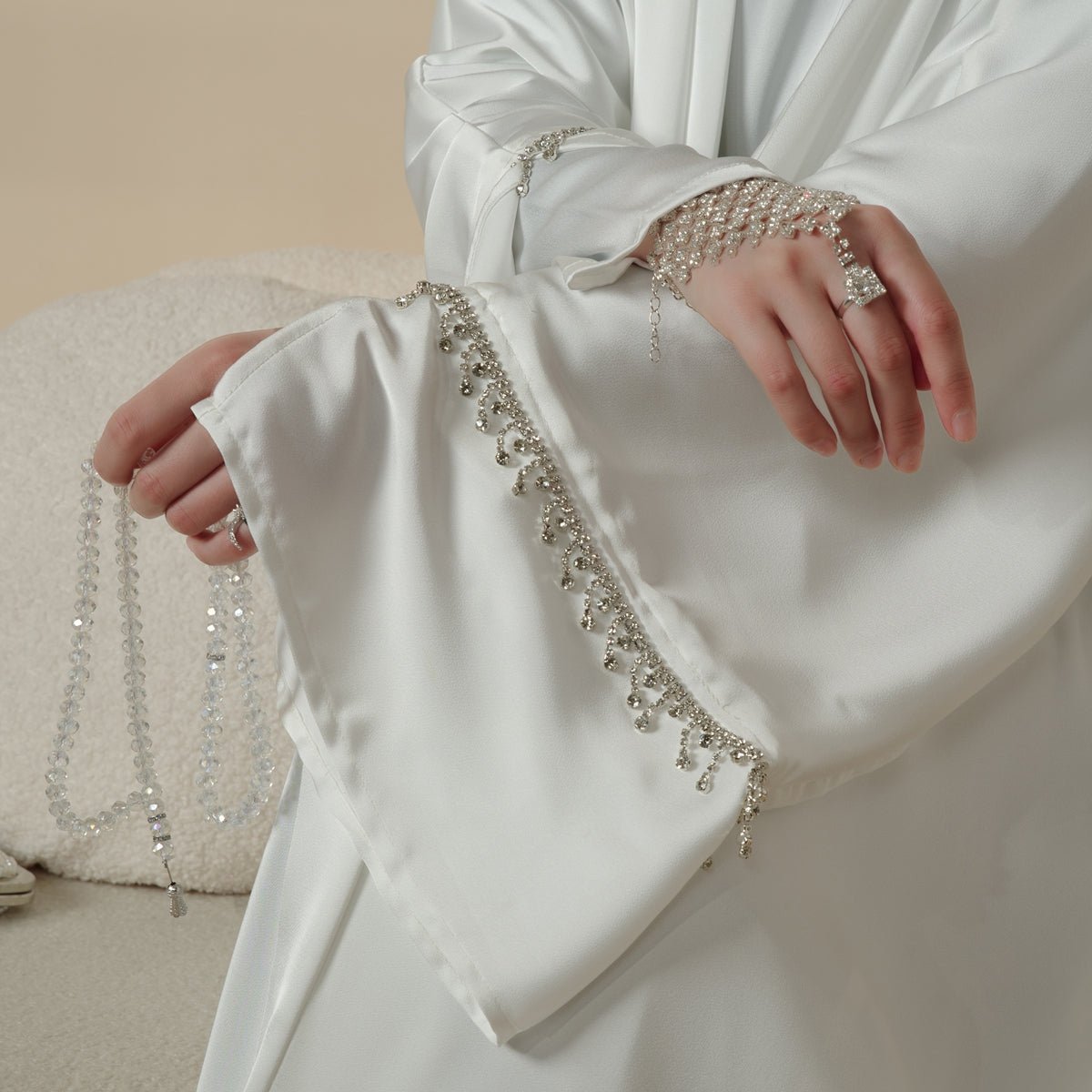Luxury Satin Abaya With Diamond Tassels Belt, 6 - Piece Set (MOA041) - Mariam's Collection
